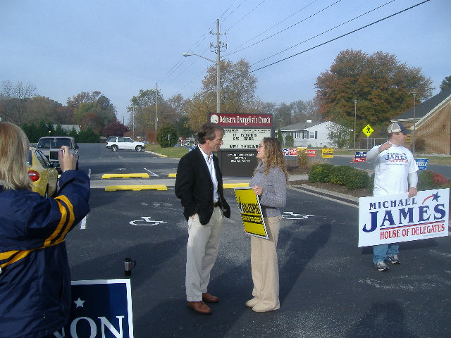 County Council candidate John Cannon chatting with Sarah Gillespie.